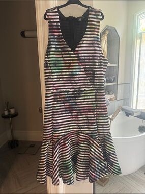 Aqua Black Striped Floral Fit-and-Flare Dress